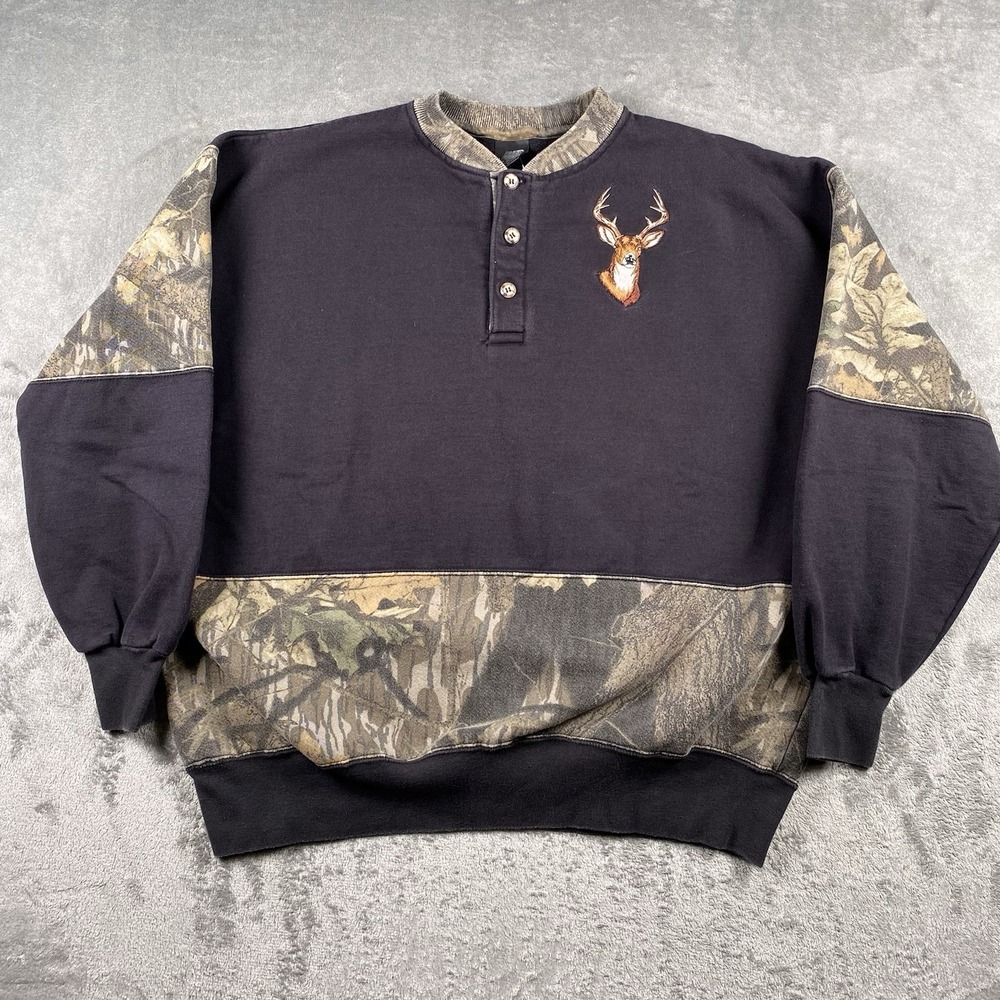 Vtg Deer Sweatshirt XXL Camouflage Stripe Ace Sportswear‎ Henley Embroidered USA